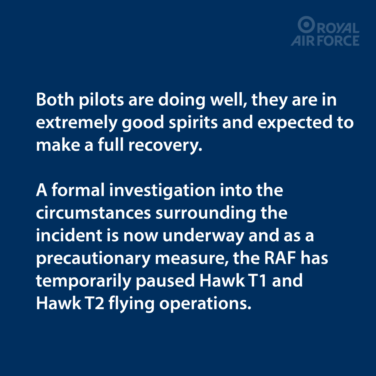 RoyalAirForce's tweet photo. An update on yesterday's incident involving a Hawk T2 aircraft. https://t.co/QXg7xAOZTB