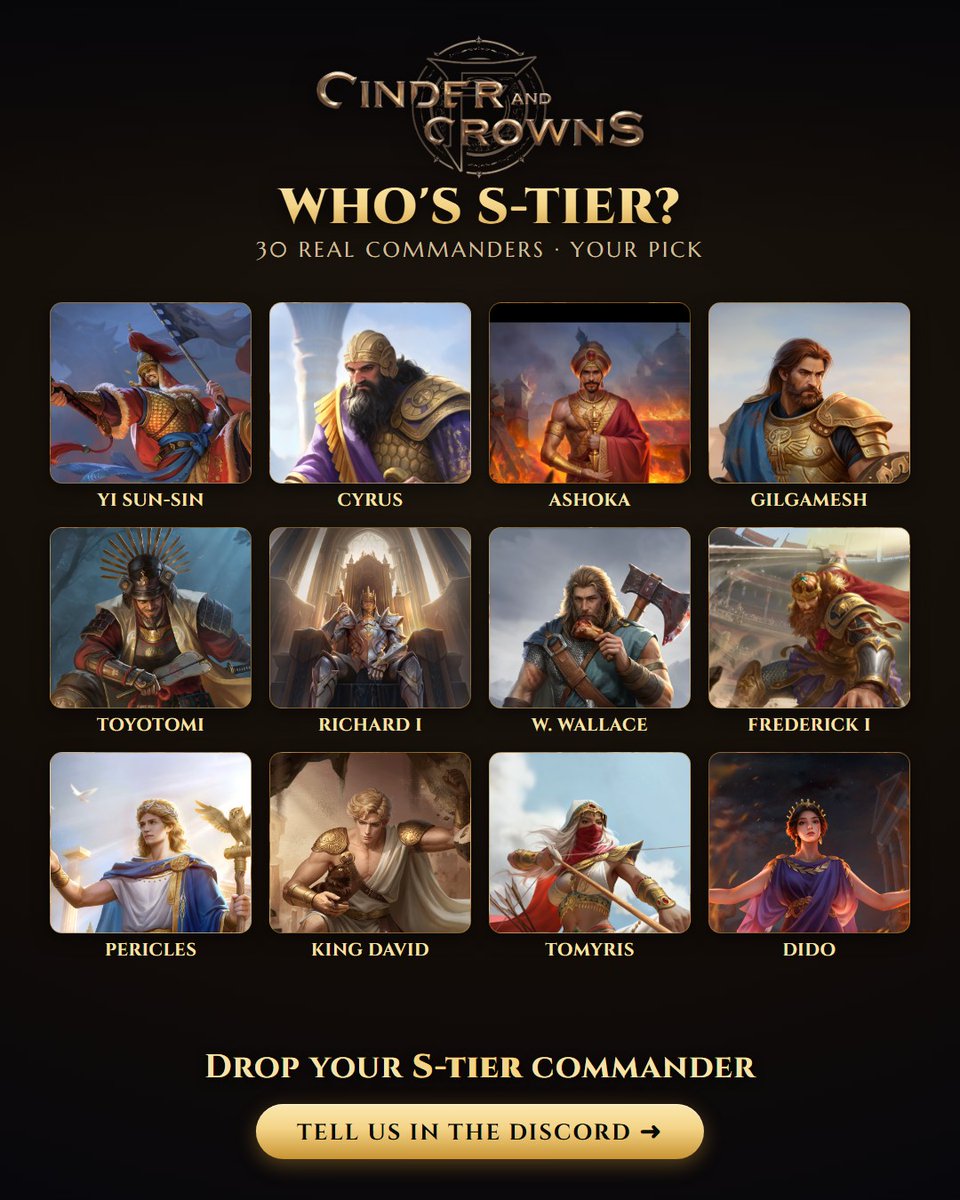 CinderNCrowns's tweet photo. 30 real commanders — drop your S-tier pick. Join us 👉 https://t.co/ZelSeeevGs #CinderCrowns #StrategyGames https://t.co/68Q6ywHtuG