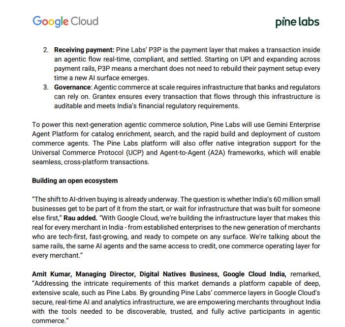 Pine Labs and Google Cloud screenshot detailing discoverability, payment, and governance as the three barriers to agentic commerce adoption