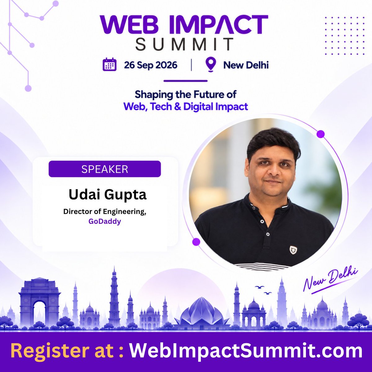 WebImpactSummit's tweet photo. 🎙️ Speaker Announcement: Udai Gupta joins WIS 2026

Director of Engineering, GoDaddy

15+ years building high-performance teams. Udai leads AI-first product engineering at GoDaddy, including generative tools like GoDaddy Airo.

📅 26 September 2026
📍 Hyatt Centric, Janakpuri, New Delhi
🎟️ Book your ticket: https://t.co/Sd2xzHueNT
#WebImpactSummit2026 #WIS2026 #AI #Engineering