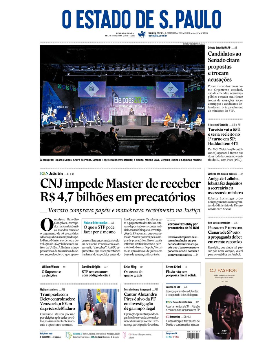 Estadao's tweet photo. 📰 Esta é a #capadodia do Estadão desta quinta-feira, 24. Acesse e assine o jornal em https://t.co/WqM2KrEbmL https://t.co/NRyDuanK3B