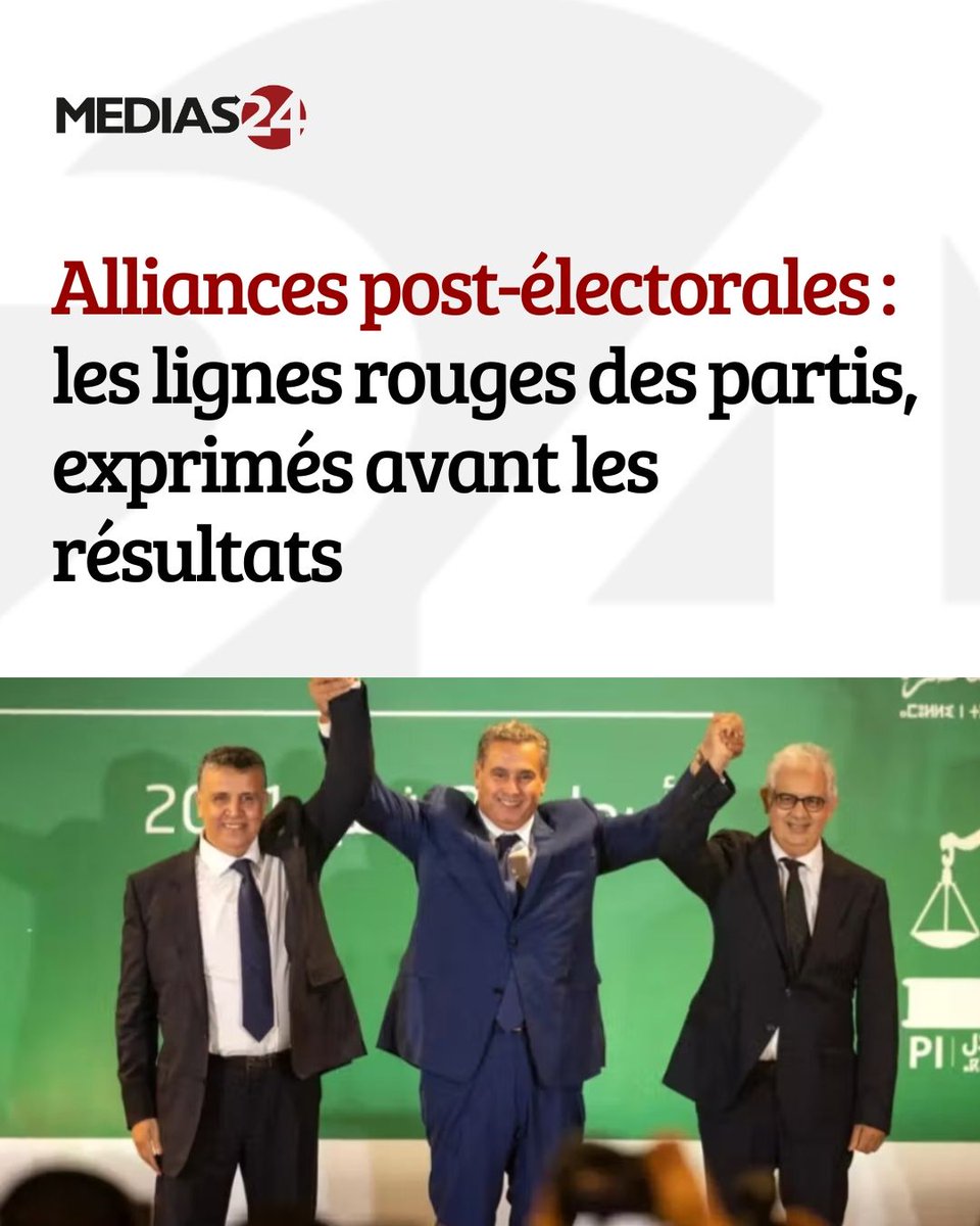 Medias24's tweet photo. Au lendemain du scrutin du 23 septembre, la question des alliances post-électorales et des lignes rouges qui pourraient les encadrer s'invite de nouveau dans le débat. Round-up des positions exprimées par les partis avant l'annonce des résultats.

https://t.co/sByXOpvKAs https://t.co/MAMDbpK8hM