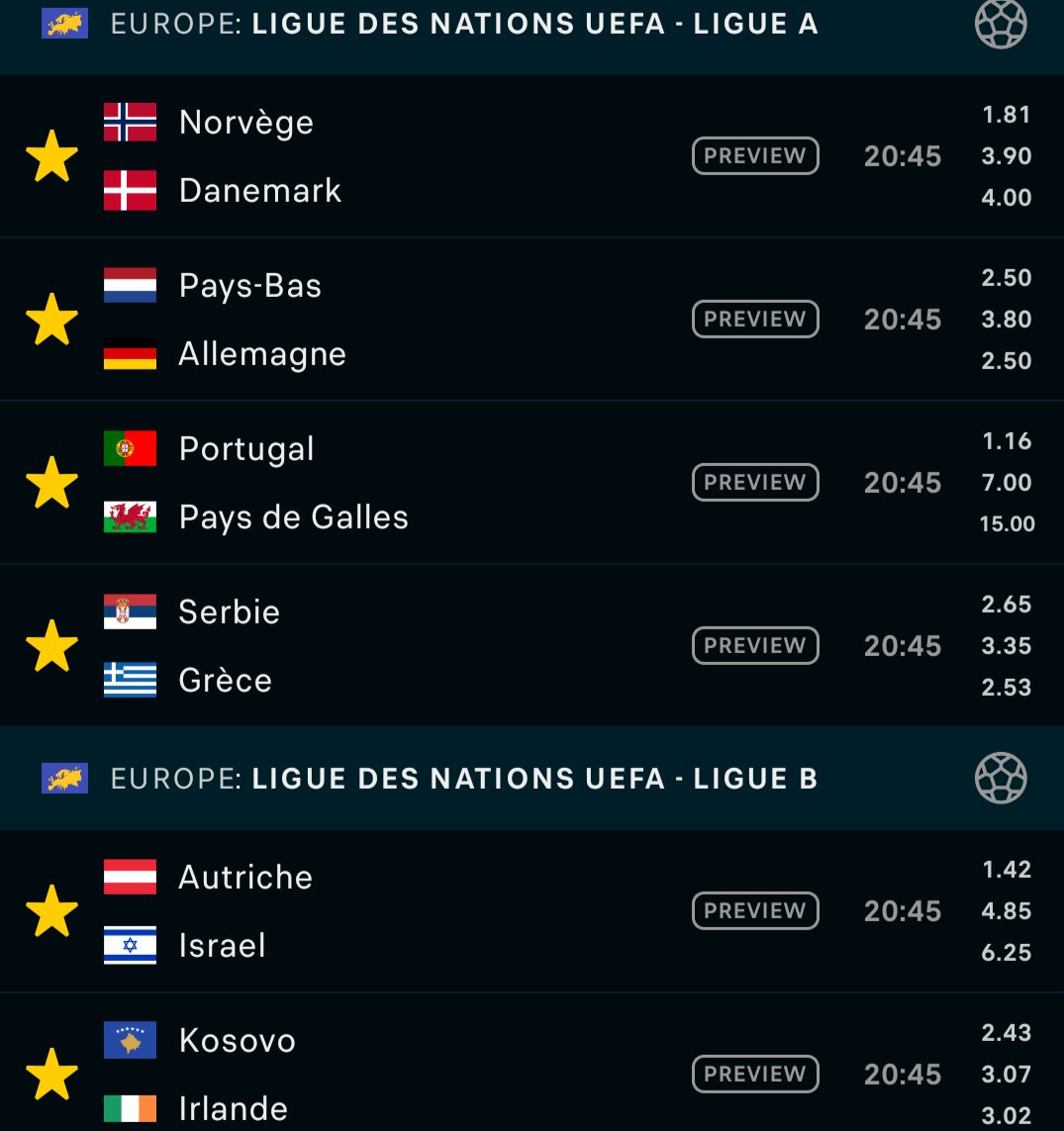 BetClem_'s tweet photo. 🎁 JEU CONCOURS 🎁 LIGUE DES NATIONS 🇪🇺🏆

POUR PARTICIPER 👇
1️⃣ Trouvez le nombre de buts des 6 matchs du jour (CF image).
2️⃣ Trouve un buteur.
Exemple :  17 buts + 🇳🇴 E. Haaland 
👉 RT ♻️/♥️
👉 Follow @BetClem_

2x10€ EN CASH À REMPORTER ! 💸

Une seule réponse acceptée par personne jusqu'à ce soir 20h45 🕘

Pour parier sur les matchs ce soir profite de 50% de ton 1er dépôt offerts en freebets jusqu'à 200€ +20€ en cash 🎁👇
https://t.co/yTDWeM6veJ

👉 Si plusieurs bonnes réponses TAS comme d'habitude.
#TeamParieur