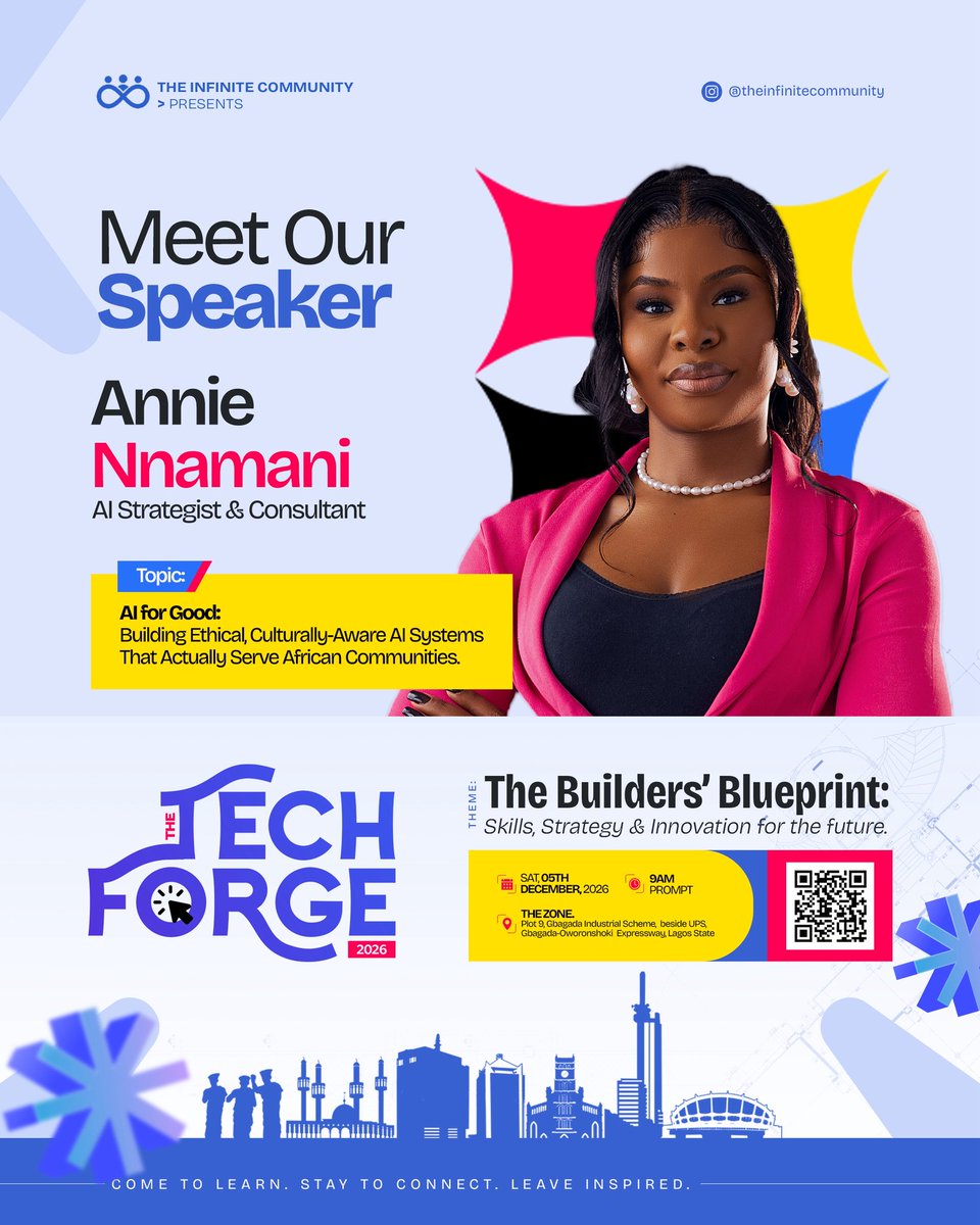 _techforge's tweet photo. Annie Namani is one of the brilliant minds joining us at #techforge2026

As a Data Analyst, Al Strategist, Consultant and Founder of The Data Immersed, Annie brings experience across Al, data, digital transformation and tech education.

We're excited to have her bring her perspective, experience and insights to The Builders' Blueprint.

📅 December 5th, 2026
📍 The Zone, Gbagada, Lagos

Come ready to learn. Come ready to connect. Come ready to build.

Grab your ticket now through the link in our bio