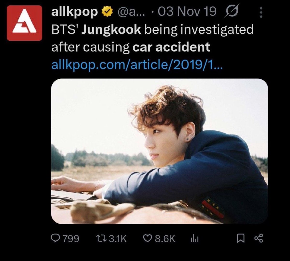 Shade_Crave's tweet photo. 🚨BTS’ Jungkook was involved in a car crash in 2019 that left a taxi driver injured. 

At the time, ARMYs flooded Twitter with Jungkook-related hashtags, making the incident harder to find. https://t.co/wjWFrzsN2P