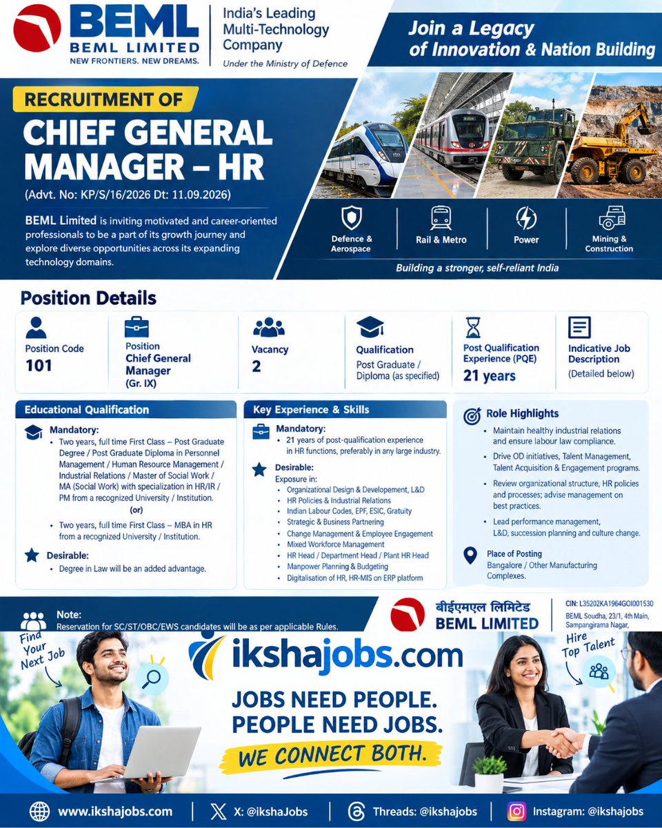 ikshaJobs's tweet photo. BEML Hiring Chief General Manager - HR 
for more info https://t.co/UiGC8ACx3p
#jobs #hrjobs #beml #bemljobs #jobalert https://t.co/Y020U9alAV