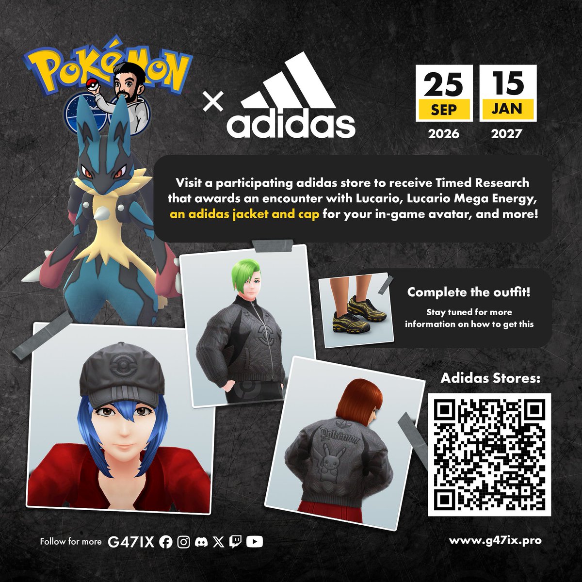 g47ix's tweet photo. adidas x Pokémon GO is coming! 👟

Visit participating adidas stores to get Timed Research for an in-game cap and jacket (and Lucario encounter)

Details on how to get the shoes in-game haven’t been announced yet.

#PokemonGO