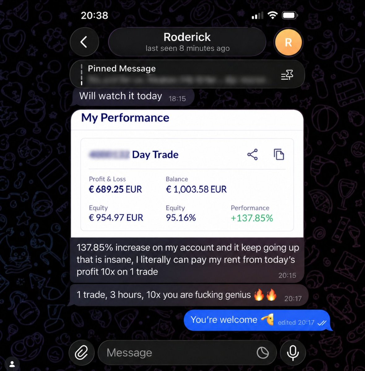 TradingRoyale_'s tweet photo. You don’t need a million-dollar account. You need the right trader behind it.

@RoderickTrader results speak for themselves. 📈 +137.85% within 3 weeks.
This is exactly why I trade client accounts. If I trade it, I trade it.

DM me “ROYALE” and I'll send you the details. https://t.co/IxXZsJXDpG