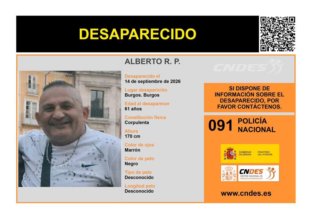 cndes_oficial's tweet photo. ⚠️𝘼𝙇𝙀𝙍𝙏𝘼⚠️
🧐Desapareció: #Burgos
🔁RT📲para ayudar a su localización
Si tienes noticias de su paradero:
📞091 @policia
📩https://t.co/KqUmh2fOJx
🔗Canal oficial @cndes_oficial https://t.co/hSt7RzNhRL
