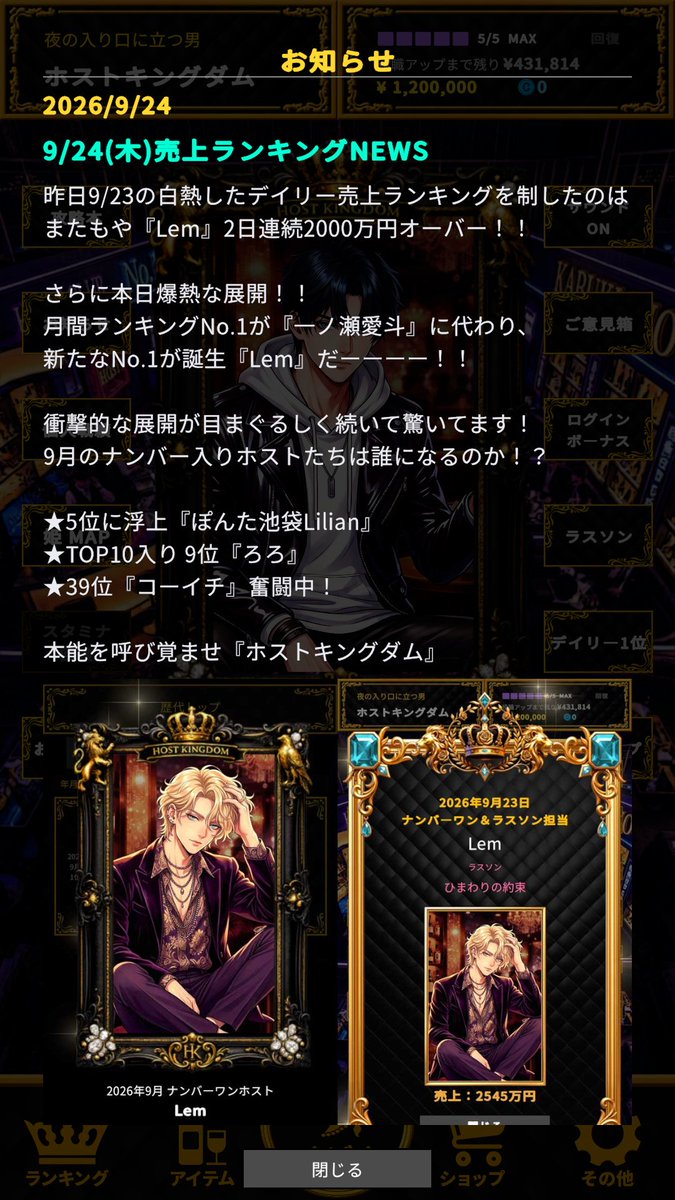 hostkingdom's tweet photo. -
【👑9/24(木)売上ランキングNEWS👑】

連休明けの衝撃！！
売上No.1帝王の座に、新しい風が吹く！！

　　　　新王者『Lem』爆誕👑

-
👑スマホゲーム『ホストキングダム』
▶️App Store (iPhone,iPad)
https://t.co/AnYkBMEcX5
▶️Google Play (Android)
https://t.co/f24qxRR1ER
- https://t.co/O9A5r6t8kO
