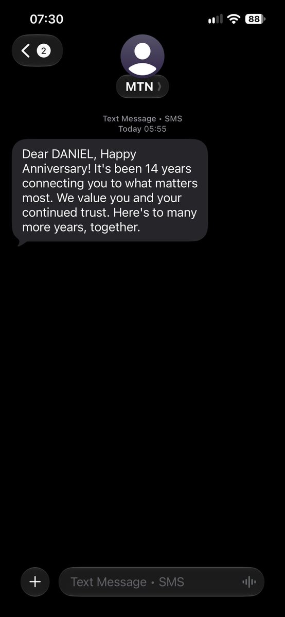 okorodanielo's tweet photo. This text from MTN reminded me of a question one my old pal asked me when we reconnected last year.

“wait, you still dey use this number?!”

Yeah, it was the second SIM card I got after I’d lost my Glo of 3 years old. 😅 https://t.co/0HPoZ3GItW