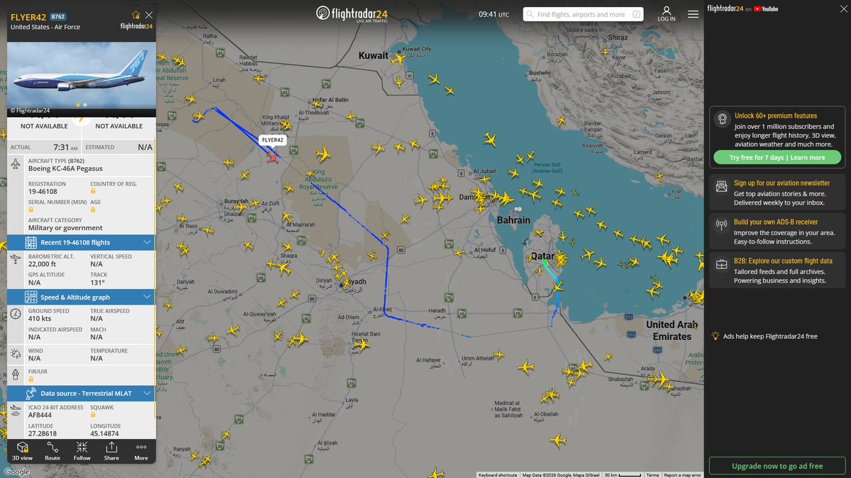AIYeyENGDdJkjTr's tweet photo. Sept. 24, 2026
[2]
#Al-Udeid Air Base ==> #Prince Sultan Air Base #Musandam Peninsula 
#NoCALLSIGN #AE63BC USAF KC-46A Pegasus

#Al-Udeid Air Base ==> #Baqaa, Saudi Arabia
#FLYER42 #AF8444 USAF KC-46A Pegasus 

#Al-Udeid Air Base ==>
#NoCALLSIGN #AE0149 USAF KC-135R Stratotanker https://t.co/W1oXbWIC2O