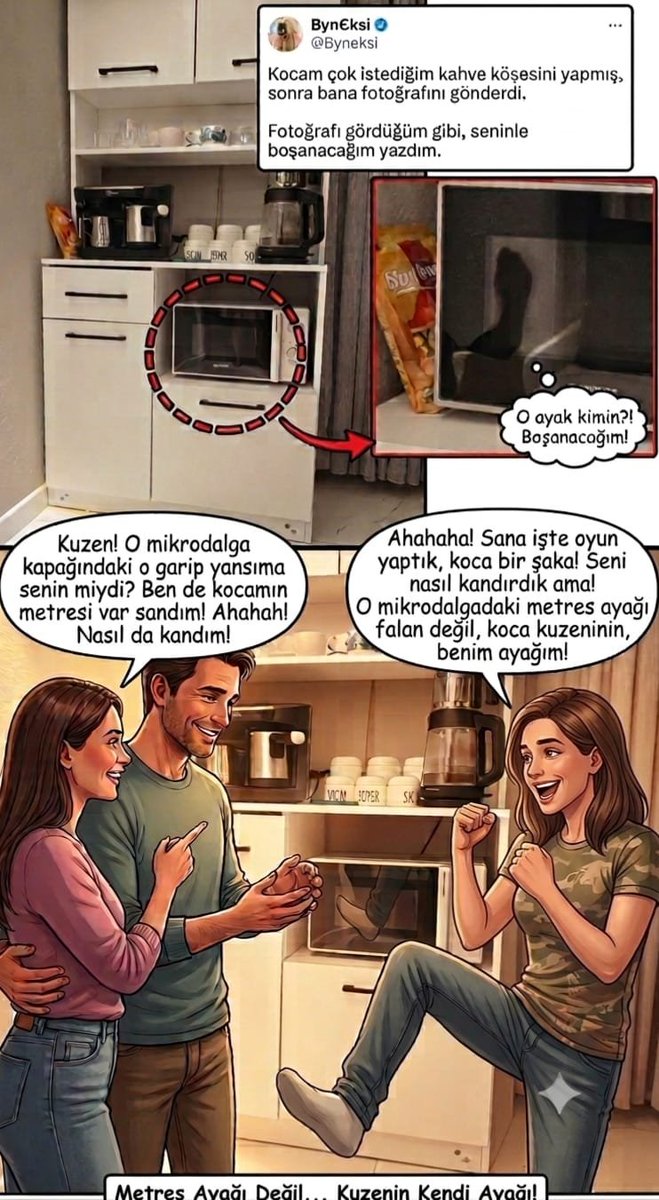 Byneksi's tweet photo. Ekrana şaşkınlık ve öfkeyle bakakaldım. Eşimin heyecanla gönderdiği "Bak, çok istediğin kahve köşesini sonunda hazırladım!" fotoğrafında gözüme ilk çarpan şey şık fincanlar ya da kahve makinesi olmamıştı. Mikrodalga fırının siyah camında, besbelli bir kadın ayağı yansıyordu! Beynimden aşağı kaynar sular döküldü. Parmaklarım öfkeyle klavyede uçuştu:
"Fotoğrafı gördüğüm gibi, seninle boşanacağımı yazdım!"
Mesajı atar atmaz telefonumu hırsla koltuğa fırlatıp ekranı kapattım. +++