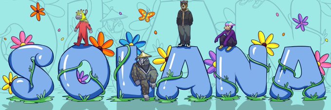 A cartoon graphic displays the word 'SOLANA' in large blue bubble letters with small character figures standing on the letters, surrounded by colorful flowers against a light blue background.
