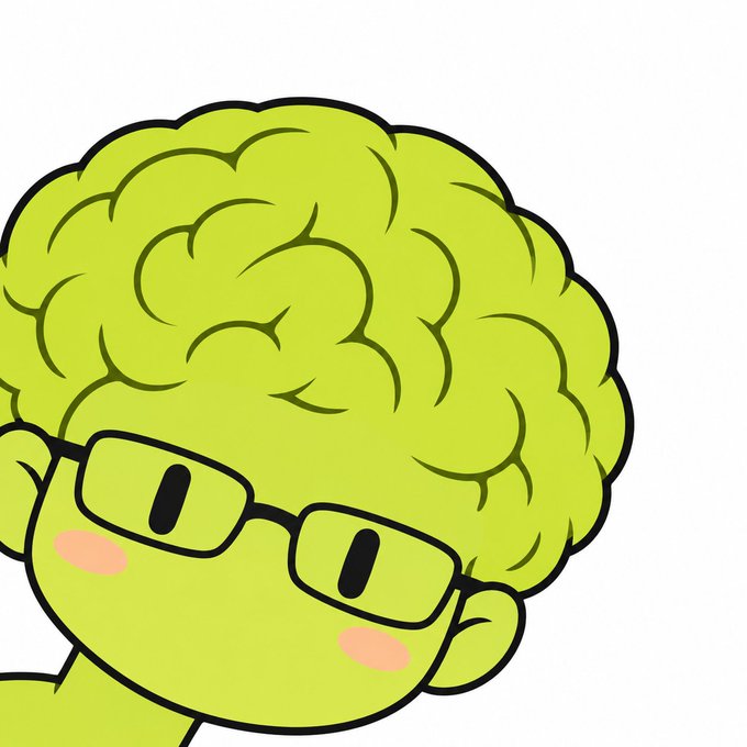 A cartoon illustration of a green character with curly broccoli-like hair, wearing black-rimmed glasses and blushing pink cheeks.