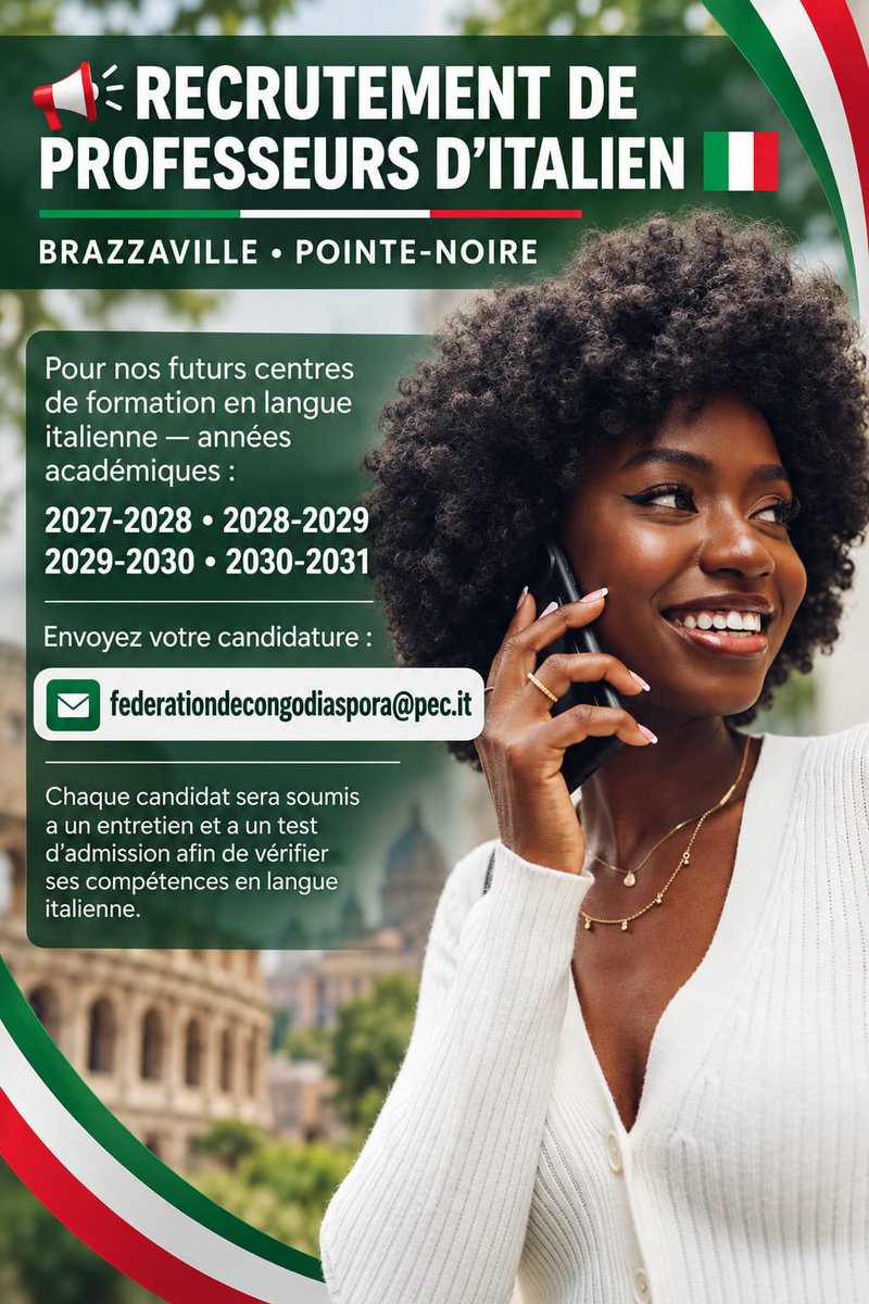 FediCongo_'s tweet photo. Une nouvelle opportunité se prépare à Brazzaville et à Pointe-Noire ! 🇮🇹

#LeLeadershipDeTadde
#FederationDeCongoDiaspora
#Congo https://t.co/jvamNGjamN