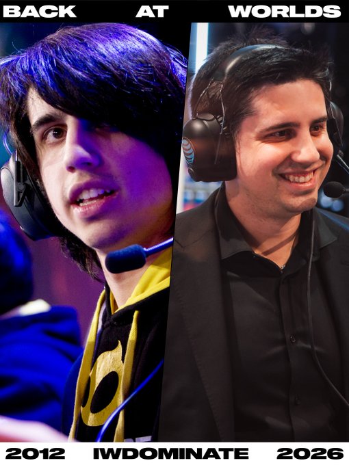 A side-by-side comparison shows IWDominate at Worlds in 2012 (left, as a younger player with a headset) and in 2026 (right, older and smiling in a black shirt), with "BACK AT WORLDS" displayed at the top, highlighting his return to the tournament as a coach.