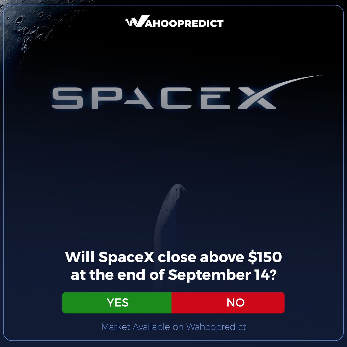 Jbkeyss's tweet photo. Guys! 

Can you say if SpaceX can get to $150 by the end of September 25? 

This kind of question can get interesting when you have to make an actual call instead of just watching from the sidelines.

Yeah, @Wahoopredict  has markets like this where you can make your prediction and see how things play out.

You can check it out: 
https://t.co/ULBmNfBCUo