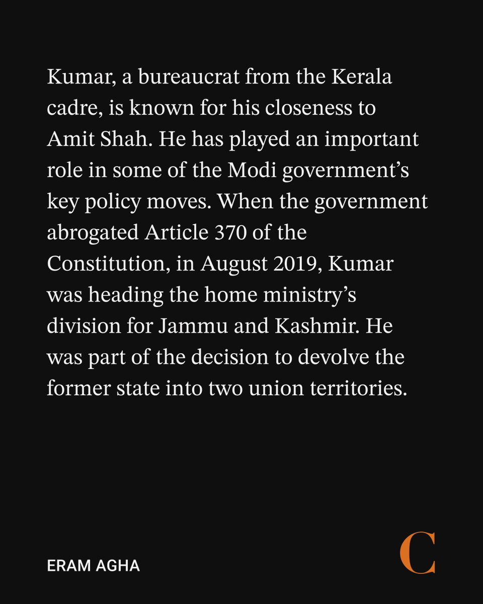 thecaravanindia's tweet photo. Archives | Gyanesh Kumar, a bureaucrat from the Kerala cadre, is known for his closeness to Amit Shah. He has played an important role in some of the Modi government’s key policy moves. When the government abrogated Article 370 of the Constitution, in August 2019, Kumar was heading the home ministry’s division for Jammu and Kashmir. He was part of the decision to devolve the former state into two union territories. 

In 2020, when the government set up the Ram Janmabhoomi Teertha Kshetra, the trust meant to construct the Ram temple at Ayodhya, he oversaw all matters related to the dispute and arbitration in courts. Kumar’s final assignment was the post of secretary in the cooperation ministry, which is also headed by Shah.

Read @EramAgha's report on the taming of the Election Commission of India.
https://t.co/odrgJE1tVI