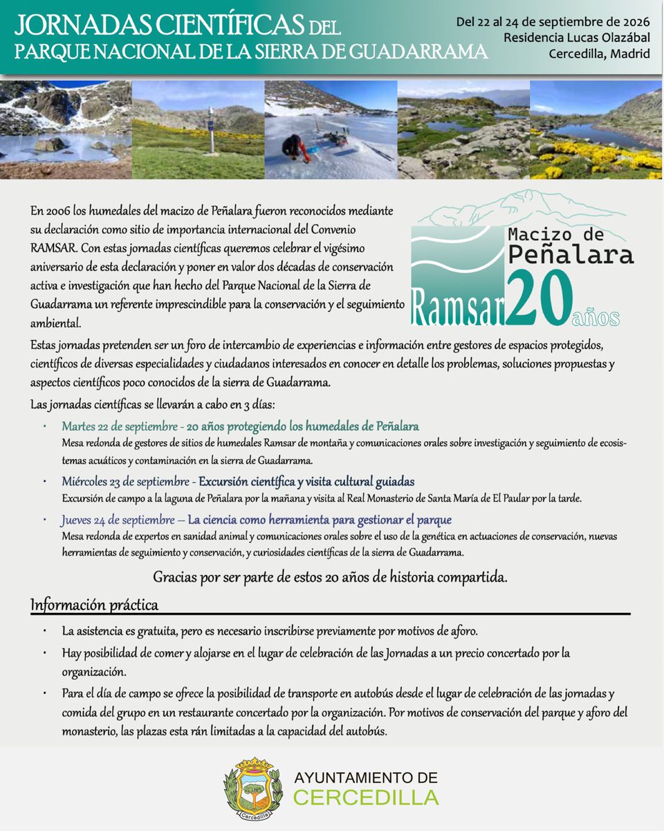 AytoCercedilla's tweet photo. 🔬🌿 Cercedilla acoge las Jornadas Científicas del Parque Nacional de la Sierra de Guadarrama en la Residencia Lucas Olazábal (22-24 de septiembre).
Un encuentro centrado en la conservación, que celebra los 20 años de los humedales de Peñalara como sitio Ramsar. 🌲💧

#Cercedilla https://t.co/BpiRI5waZ5