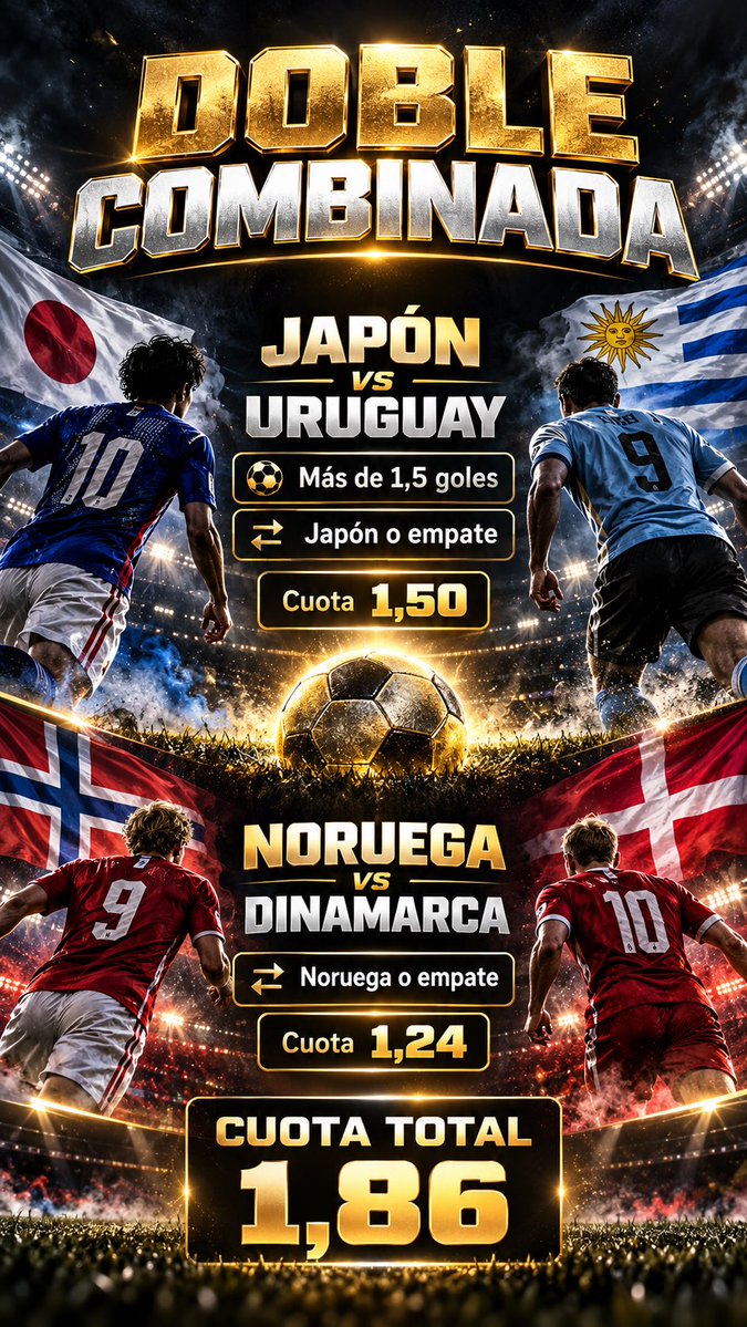 azpaton10's tweet photo. Jornada de hoy analizada

(Alomejor luego os dejo otro pick)

Japón - Uruguay: 1X + 1.5 goles

Noruega - Dinamarca: 1X

S3 1.86 https://t.co/mcmVNP2urP