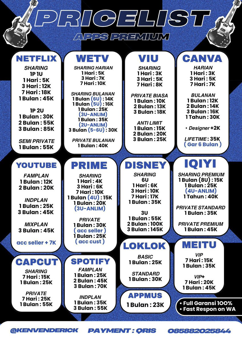 knvndrck's tweet photo. 𝗦𝗧𝗔𝗧𝗨𝗦 : 𝗢𝗣𝗘𝗡!
𝗔𝗣𝗣𝗦 𝗣𝗥𝗘𝗠𝗜𝗨𝗠 

NÉT, WÉTV, VIÚ, CÁNVA, YT, PRIMÉ, DISNÉY, IQÍYI, CAPCÚT, SPOTÍFY, LOKLÓK, MEÍTU, APPMÚS

⋮ FULL GARANSI ✅
⋮ WA : https://t.co/kuwjcNMeOr
⋮ OTHER PRICELIST : https://t.co/3s9zxPRrBy
⋮ TESTI : https://t.co/Xf9UBiJuS9
#zonauang https://t.co/kjeIqG2rxr