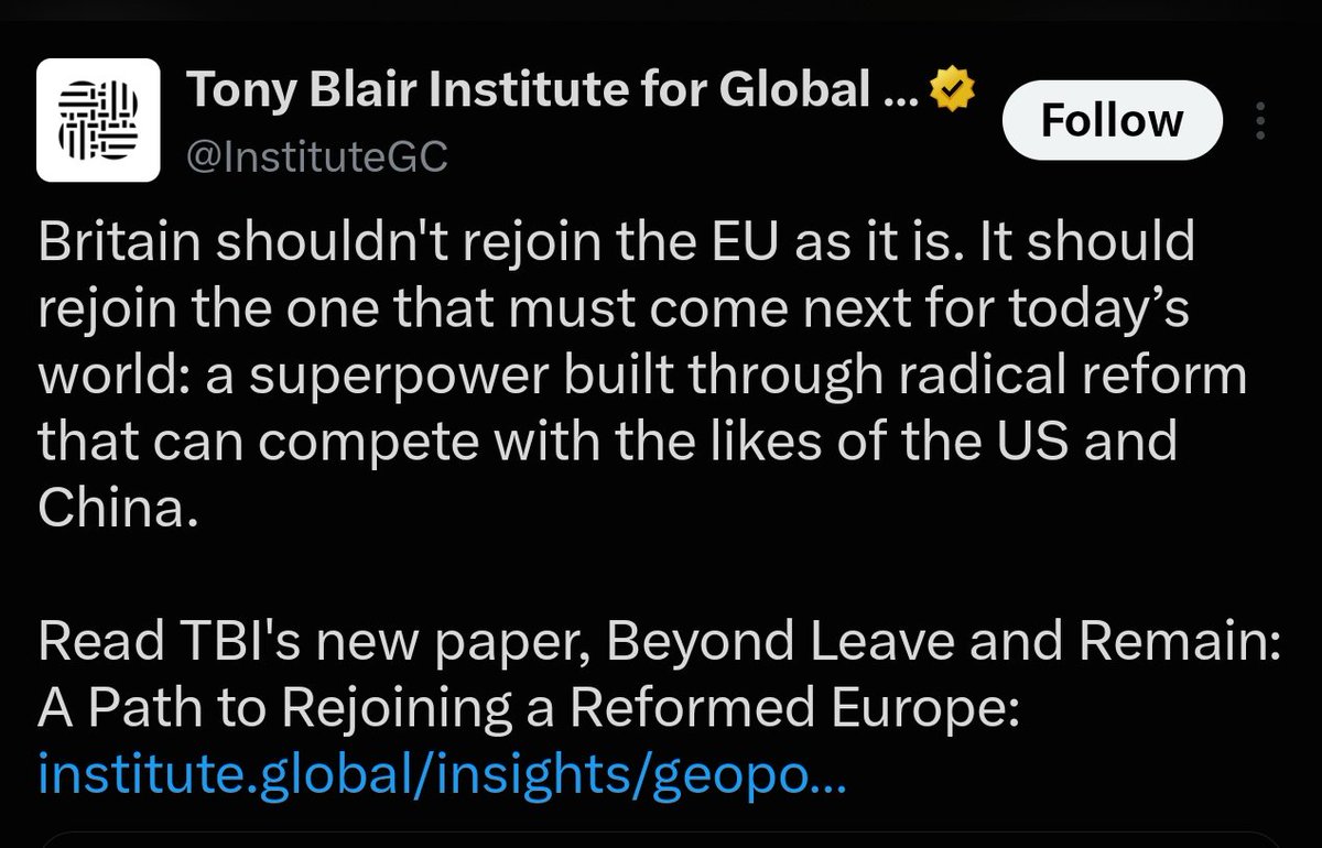 TerraOrBust's tweet photo. Could the Tony Blair Institute be any clearer?

Even from their own vantage point, which is by their own admittance a very pro-EU one, they say quite matter of factly in their own words that the UK "shouldn't rejoin the EU as it is". https://t.co/qoIcMQnoej