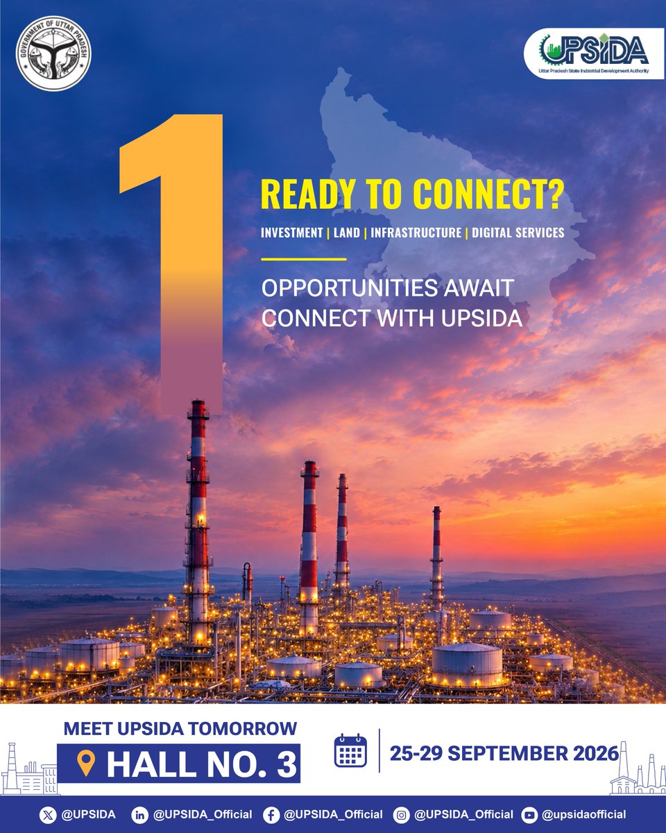 UPSIDA's tweet photo. JUST 1 DAY TO GO!
The wait is almost over.
Tomorrow, UPITS 2026 brings together businesses, ideas and new possibilities.
Connect with UPSIDA and unlock opportunities shaping Uttar Pradesh’s industrial ecosystem.
#UPITS2026 #UPSIDA #UttarPradesh #Opportunities #InvestInUP https://t.co/QRbMFUQl9N