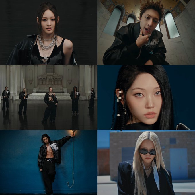 A collage of six stylized promotional shots from ALLDAY PROJECT's "DO IT LIKE THIS" music video, featuring individual close-ups of the group's members—including a man wearing a "COLLEGE" graphic shirt—alongside group scenes in a church-like hall, a moody blue-lit room with a hanging umbrella, and a shot of a platinum blonde member in dark sunglasses.