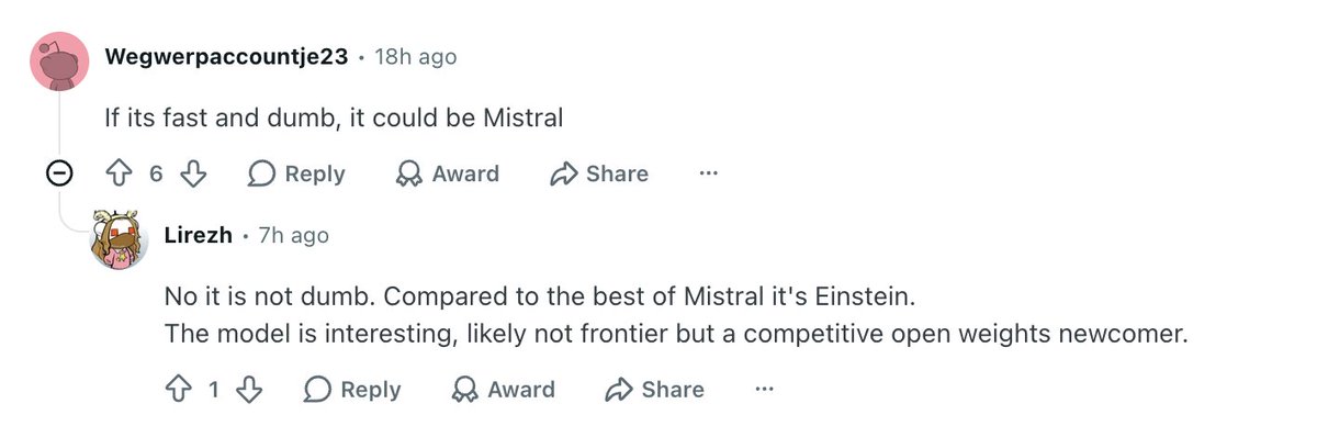 Tim_LB's tweet photo. Wow, violent Reddit... :o

Mistral, faudrait faire un truc non?

(À propos du nouveau modèle stealth "Space Bunny"  dispo sur OpenCode) https://t.co/19OQ1zKoIK