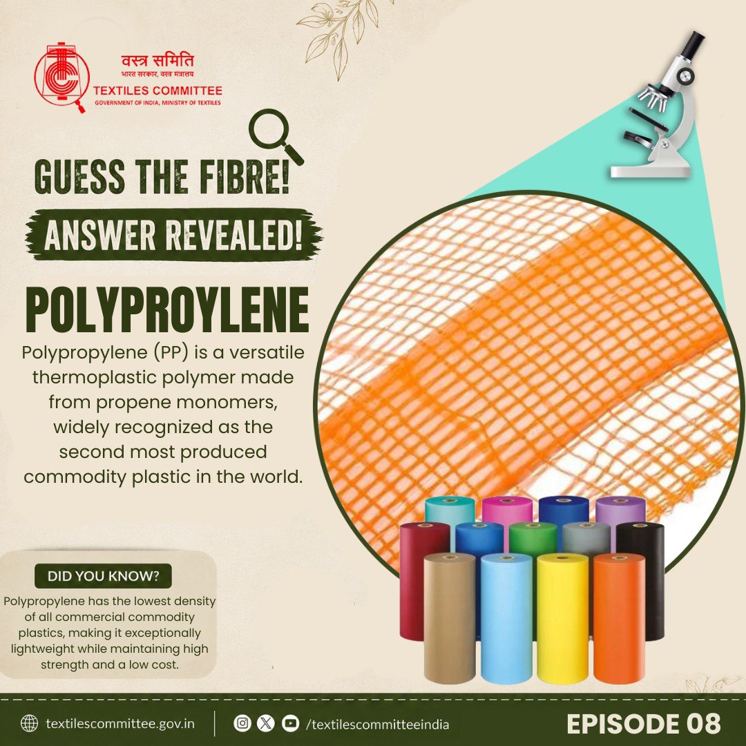 TexComIndia's tweet photo. Textile Detective – Guess the Fibre! | Episode 08
🎉 The answer is… POLYPROPYLENE! 
💡 Did You Know?

Polypropylene has the lowest density of all commercial commodity plastics, making it exceptionally lightweight while maintaining high strength and low cost.

How many of you got the right answer?
Stay tuned for the next mystery in Textile Detective – Guess the Fibre! 🔬

#GuessTheFibre #KnowYourFibre #TextilesCommittee #MinistryOfTextiles #polypropylene