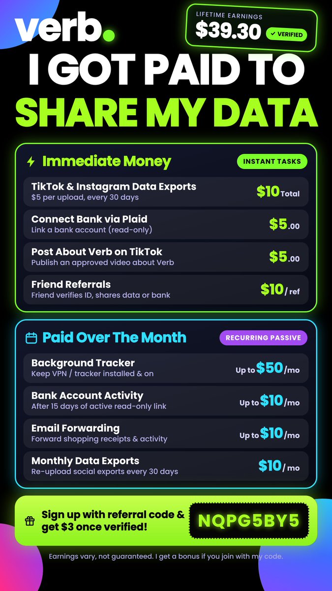 LateToEvryThing's tweet photo. Big tech and finance takes our data for free. Verb is the first place anyone in America can profit from their own data.

Start Earning Now https://t.co/7IMRH9qf0u