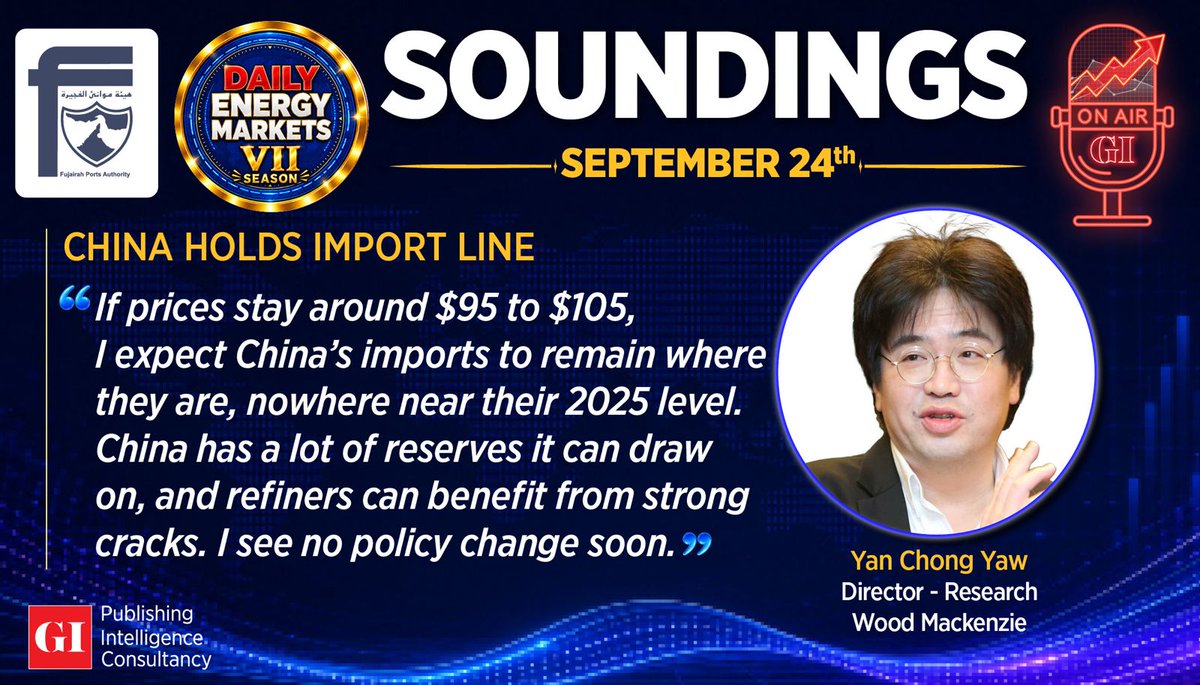 gulf_intel's tweet photo. Will China’s crude imports rebound in the fourth quarter?

Click here to watch full podcast: https://t.co/gUvJd1Fym8

#China #CrudeOil #OilMarkets #EnergyMarkets #OilPrices #OilDemand #ChinaOil #Refining #WoodMackenzie #EnergyTrading https://t.co/o4vyMTDPNA