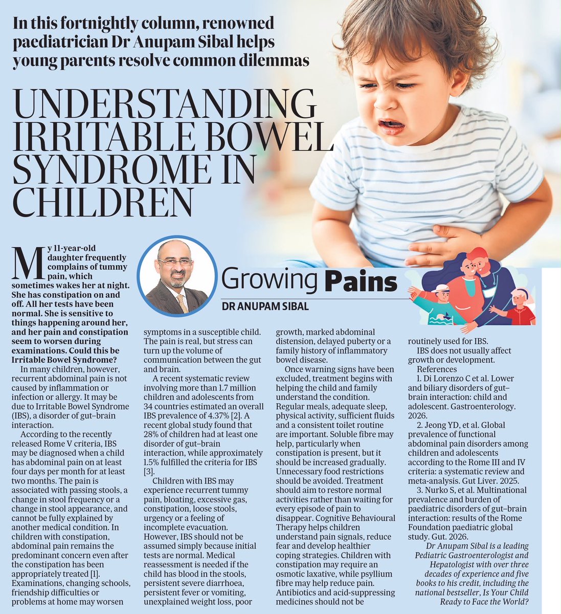 AnupamSibal's tweet photo. In my latest Growing Pains column on Irritable Bowel Syndrome (IBS) in children, the important connection between the gut and the brain is explored.

#GrowingPains #IBS #ChildHealth #GutHealth #Parenting

https://t.co/AmdmcejRBY https://t.co/cxt4v2LqQb
