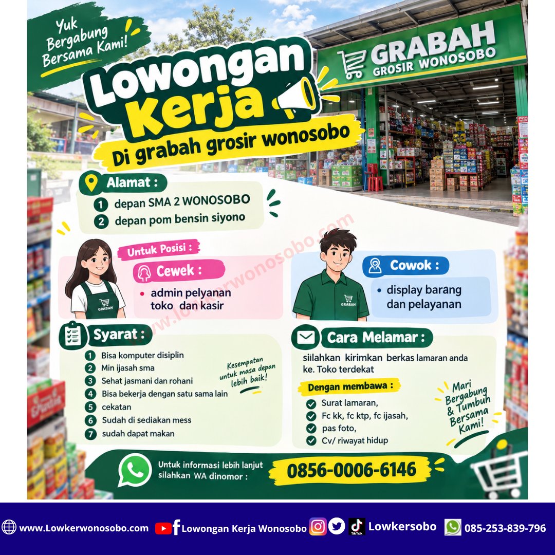 LowkerSobo's tweet photo. Lowongan Kerja Di grabah grosir wonosobo

Cara Melamar :
silahkan kirimkan berkas lamaran anda ke. Toko terdekat 

untuk informasi lebih lanjut silahkan WA dinomor : 0856-0006-6146

#loker #fyppppppppppppppppppppppp  #infoloker #kerjaan #lokerterbaru https://t.co/fvt7V4uI8i