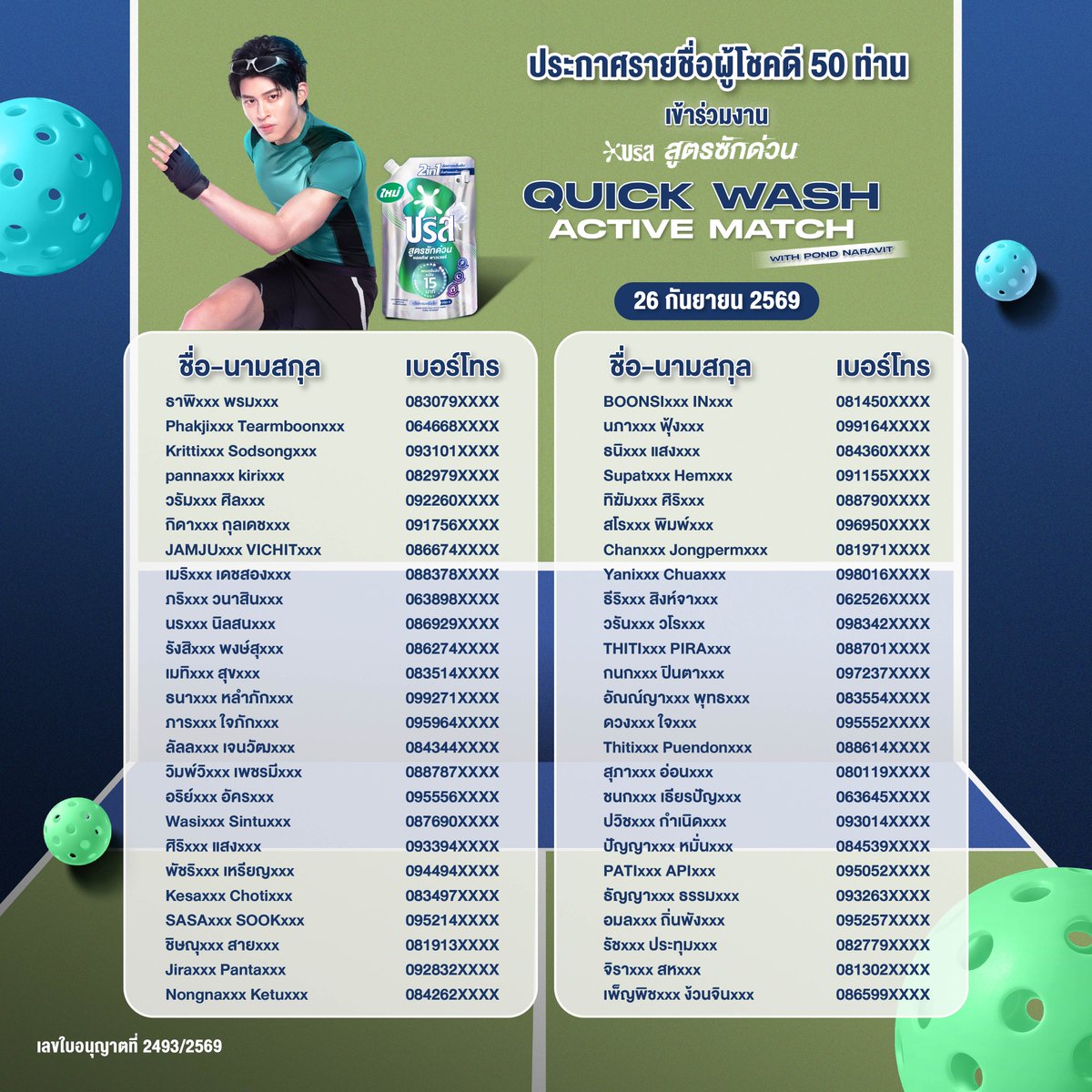 Breeze_Thailand's tweet photo. 🎉 ประกาศรายชื่อผู้โชคดี 50 ท่าน จากกิจกรรม Breeze Quick Wash Active Match with Pond💚🏸

ผู้จัดกิจกรรมจะติดต่อผู้ได้รับสิทธิ์เข้าร่วมกิจกรรม 
ภายในวันที่ 24 ก.ย. 2569 เวลา 18.00 น. - 25 ก.ย. เวลา 12.00 น.
☎️ โปรดรอสายจากทีมงานของเราด้วยนะคะ 

‼️หากท่านใดไม่รับสายให้ติดต่อกลับเพื่อยืนยันสิทธิ์ภายในเวลาที่กำหนด 
หากข้อมูลที่ลงทะเบียนไม่ตรงตามเงื่อนไข บริษัทฯ ขอสงวนสิทธิ์ในการตัดสิทธิ์ และมอบสิทธิ์ให้แก่รายชื่อสำรองโดยไม่ต้องแจ้งให้ทราบล่วงหน้า

สำหรับรายละเอียดกิจกรรม ทางทีมงานจะแจ้งให้กับผู้โชคดีทราบอีกครั้งค่ะ

ตรวจสอบรายชื่อผู้โชคดีได้ที่เลย ✨

#บรีสซักด่วนxปอนด์ #BreezexPond #สะอาดหอมเฟรชใน15นาที #ตัดวงจรกลิ่นอับจากต้นตอ