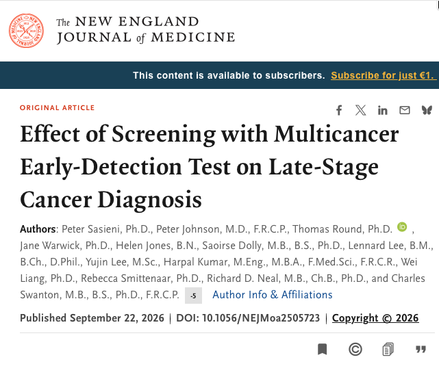 OncoAlert's tweet photo. Can a blood🩸 test detect cancer earlier—but still fail to demonstrate clinical utility?

https://t.co/8XqPcEre1S

@petersasieni, @PWMJohnson, @drlennardlee, @richarddneal, @CharlesSwanton

Effect of Screening with Multicancer Early-Detection Test on Late-Stage Cancer Diagnosis

A large randomized English🇬🇧 trial involving 142,250 adults aged 50–77 evaluated annual multicancer early-detection blood testing alongside usual care.
➡️ After three screening rounds, there was no significant reduction in stage III/IV cancers compared with usual care alone (incidence rate ratio 1.03; P=.63).
➡️ Stage IV cancer incidence was lower with screening (IRR 0.86), although the result requires further follow-up. Trial-related adverse events were uncommon and nonserious.

Pinging: @matteolambe, @aftimosp, @E_de_Azambuja, @DrSGraff, @ErikaHamilton9, @double_whammied, @maryam_lustberg, @raalbany, @hoperugo, @stolaney1, @LoiSher, @JaniceTNBCmets, @montypal, @DrDanielHeng, @apolo_andrea, @DrChoueiri, @PGrivasMDPhD, @TiansterZhang, @neerajaiims, @amerseburger, @sonpavde, @drenriquegrande, @tompowles1, @cdanicas, @nataliagandur, @realbowtiedoc, @Onco_Cifu88, @scocmem, @FernandoOnco, @ElisaAgostinett, @to_be_elizabeth, @Erman_Akkus, @MarioBalsaMD, @DrMirallas,  @UOzkerim  @UOzkerim,  @PaulJiL, @DaisukeKotani, @DraMartinezLago, @p_ciracimd, @BenWestphalen, @CentralParkWMD, @graokane, @amandaNizamMD, @DrVilmaPBarcia