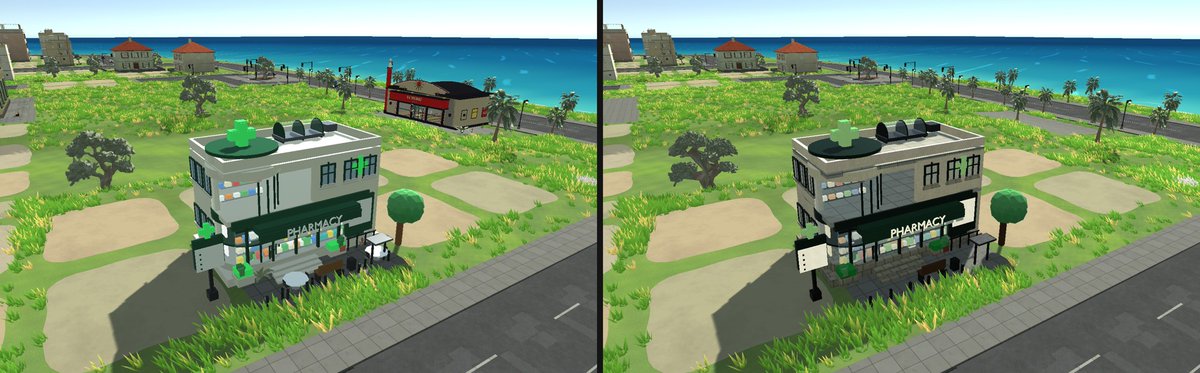kenzie__games's tweet photo. A test we took from a r/tycoon thread and now use as an acceptance check: hide every sign. If you can't guess what the building is, it isn't done. Our BlockRise pharmacy leans on the rooftop cross and the green awning. Before/after, same camera. https://t.co/T9iqIdNNVK