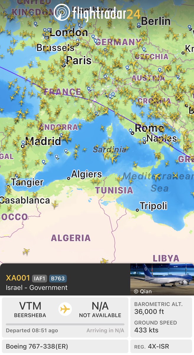 AliAbunimah's tweet photo. War crimes fugitive @Netanyahu is en route to NYC. He already flew over Greece, Italy, France and is about to enter Canada's airspace. Again, @kmitsotakis @GiorgiaMeloni @EmmanuelMacron and @MarkJCarney expose their complicity in "Israel's" extermination of Palestinians https://t.co/XPvmZT4FCv