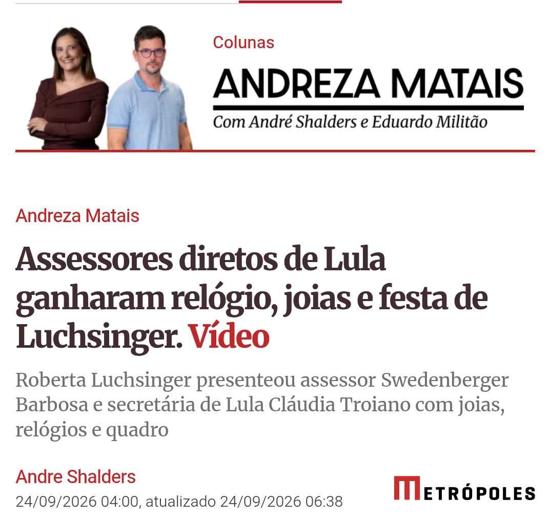 BrasilDireita22's tweet photo. ➡️ Lula e Roberta Luchsinger.

Segundo reportagem de Andreza Matais: 'As mensagens mostram a AMIZADE de Roberta Luchsinger com a SECRETÁRIA PESSOAL de LULA, Cláudia Troiano. As duas conversavam com frequência sobre a AGENDA do PRESIDENTE. Roberta a presenteou com roupas, ingressos para shows e uma peça de joalheria. Ela também se hospedou no apartamento da lobista em São Paulo, em março de 2025.'