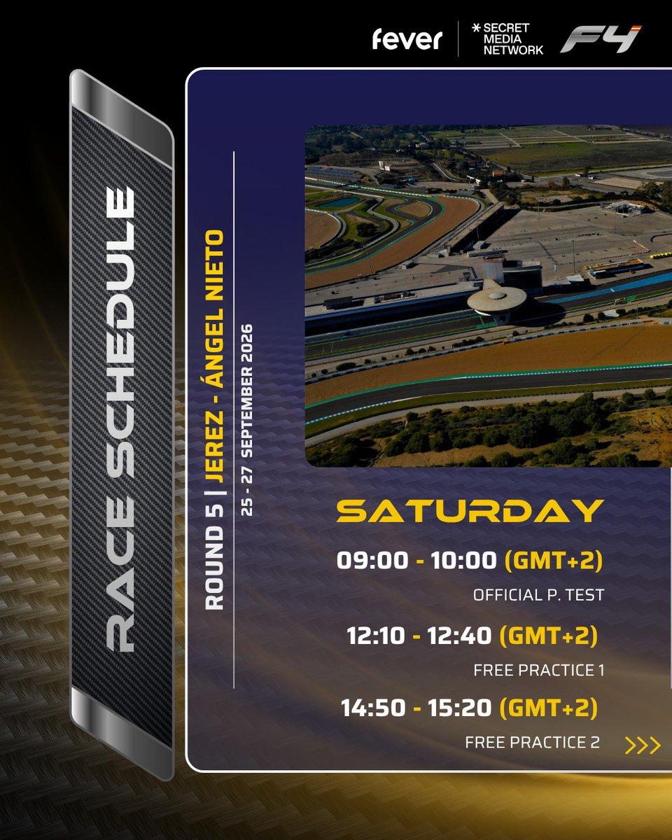 F4Spain's tweet photo. Mark your calendars. ποΈπ¨
Here's everything you need to know before Round 5 kicks off at @circuitodejerez ππ»
Don't miss a single lap π₯
#F4SpanishChampionship #Jerez #Round5 #RaceWeekend #10thAnniversary https://t.co/zo2vhaxP70
