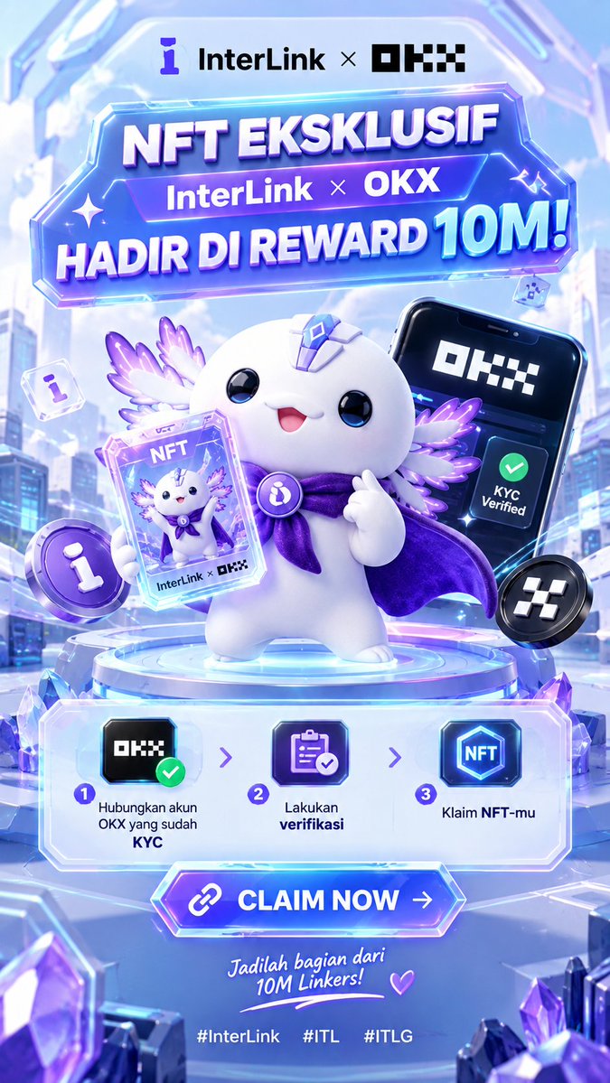 SularniL90175's tweet photo. NFT eksklusif InterLink × OKX hadir di reward 10M! ✨ Hubungkan akun OKX yang sudah KYC, lakukan verifikasi, dan klaim NFT-mu. 🔗💜
#InterLink #ITL #ITLG https://t.co/EMZn4x3X97