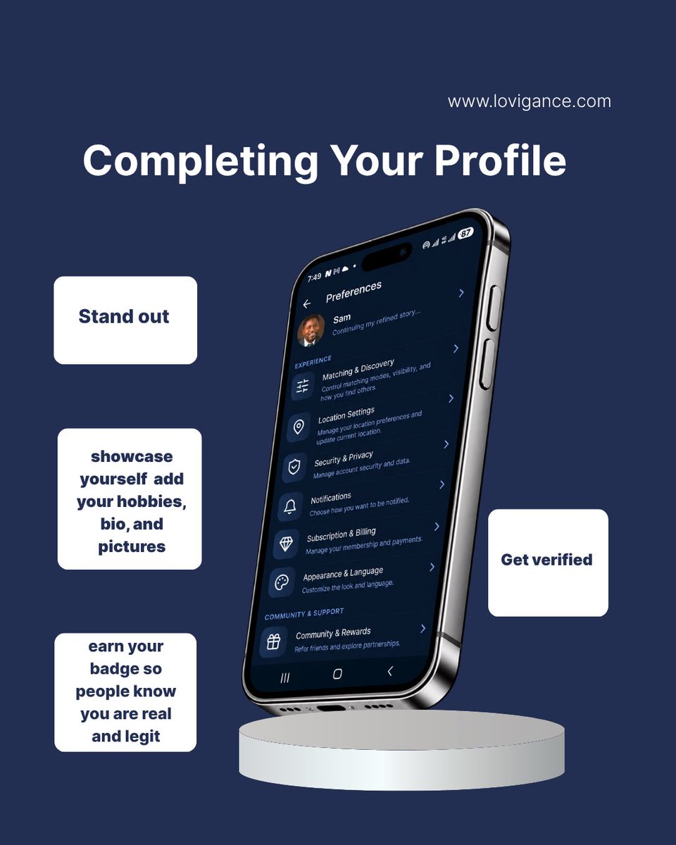 Lovigance's tweet photo. Want better, more intentional matches? 

Completing your profile makes all the difference. Add your bio, upload your favorite pictures, share your hobbies, and get verified so others know you’re the real deal.

#Lovigance #ProfileTips #GetVerified #RelationshipApp https://t.co/xXvDccJwmJ