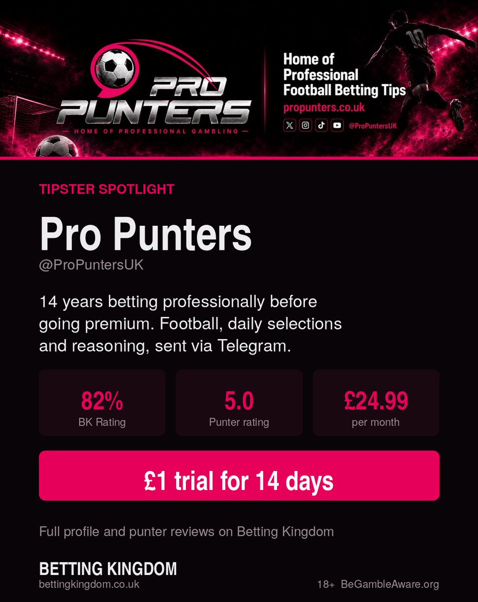 BettingKingdom's tweet photo. 🔦Tipster spotlight: @propuntersuk ⚽

14 years betting professionally before setting up the service. 5★ from every punter review on BK.

There's a £1 trial for 14 days if you want a look first.

Full profile &amp; reviews 👇
https://t.co/e1Q1gL4uAp
18+ BeGambleAware https://t.co/UUE0GzWZIU