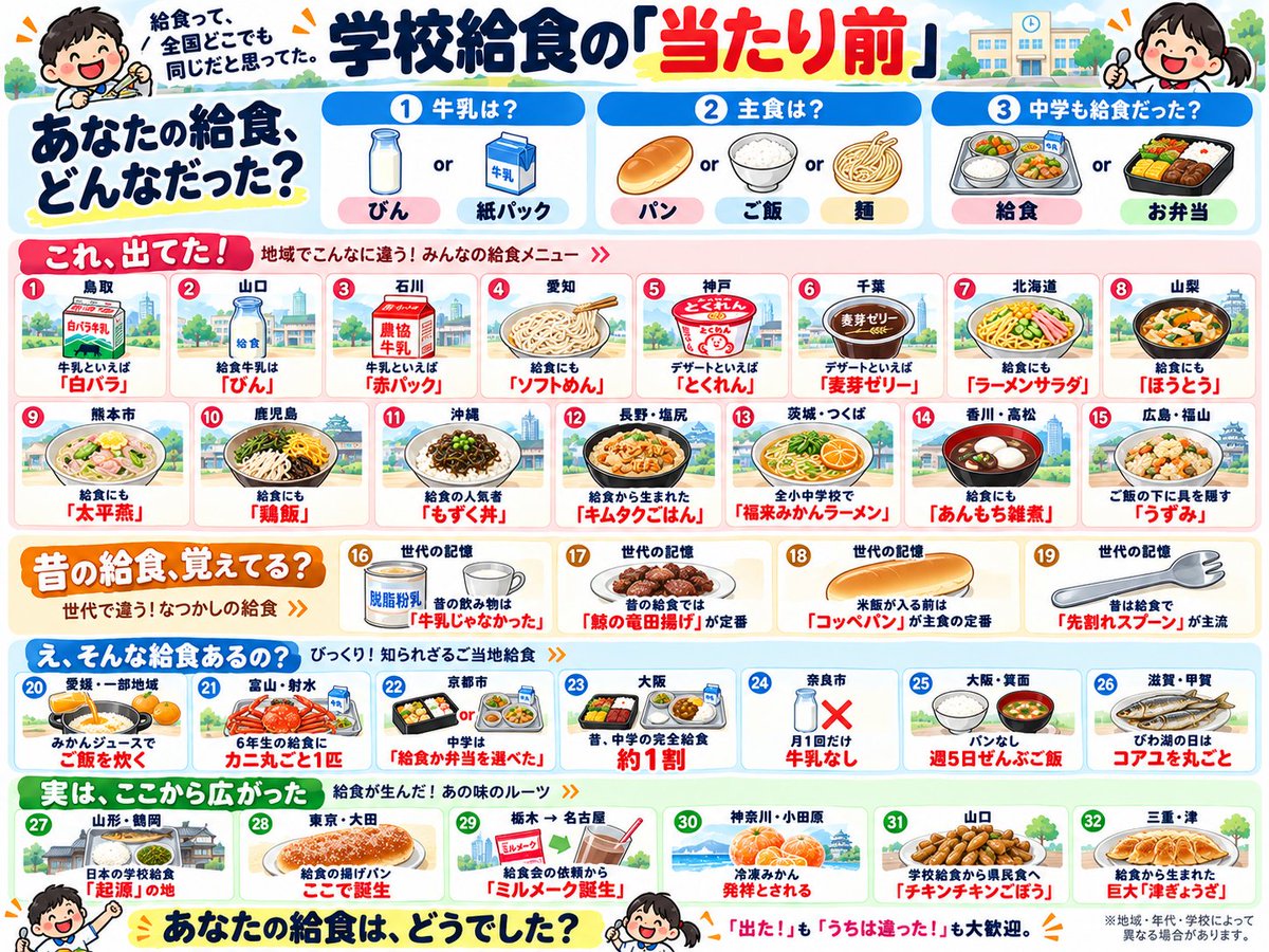 kirifuda_ai's tweet photo. 給食って、思ったよりローカルだった...
あなたの給食、どうだった？ https://t.co/6qkdVys0Xe