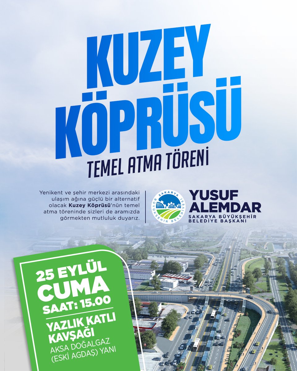 sbYusufAlemdar's tweet photo. Yenikent bölgesi ile şehir merkezi arasındaki ulaşım ağına güçlü bir alternatif olacak Kuzey Köprüsü’nün temelini 25 Eylül Cuma (Yarın) Saat 15.00’da atıyoruz.

Tüm hemşehrilerimiz davetlidir.
#BuŞehirHepimizin https://t.co/e9IQbOoA1s