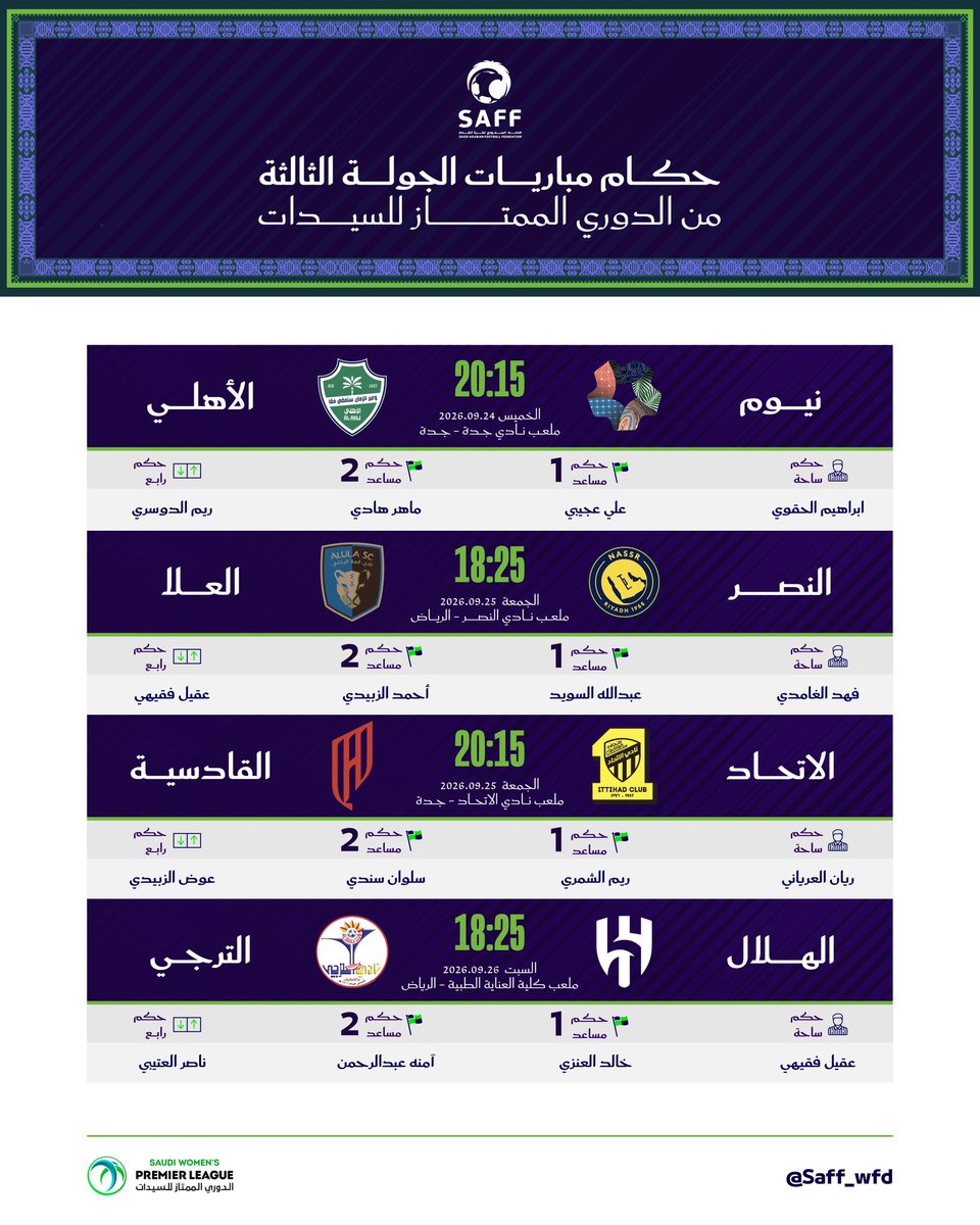 saff_wfd's tweet photo. 📋 حـكـام مباريات الجولة الثالـثة من #الدوري_الممتاز_للسيدات 27/26 🏆

#عزنا_بطبعنا | #معًا_نصنع_التاريخ 🇸🇦 https://t.co/pPJwZFVbr6