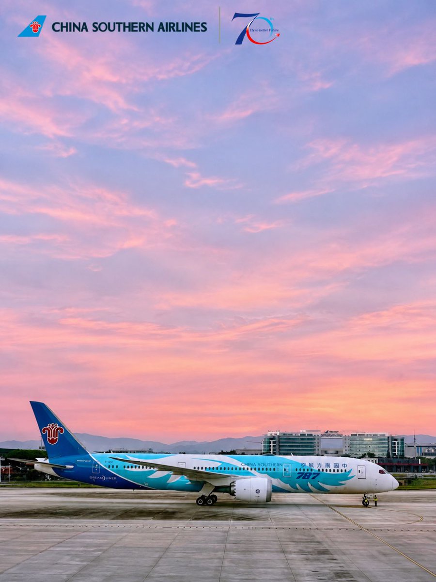 CSAIRGlobal's tweet photo. The sky turns soft pink and purple as a China Southern Airlines jet rests on the tarmac. Wishing you a peaceful evening.✈️🌅
#CSAir #FlyWithCSAir https://t.co/eSujkH17aC