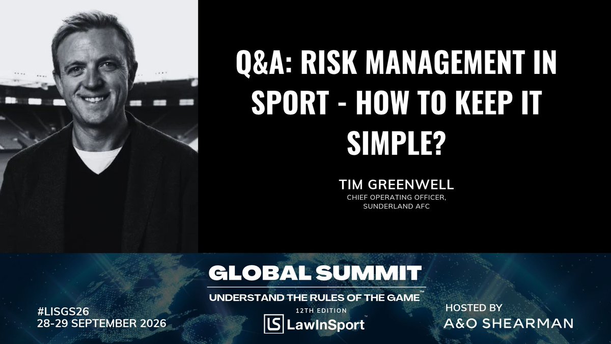 LawInSport's tweet photo. We are delighted to announce that Tim Greenwell will be joining us at our 12th Global Summit. Tim will be interviewed by Sean Cottrell for a short Q&A on “Risk Management in Sport – How to Keep It Simple?”
To find out more, see: https://t.co/k4E8z0y1BI
#LISGS26 #SportsLaw https://t.co/ju8HWzCU5K