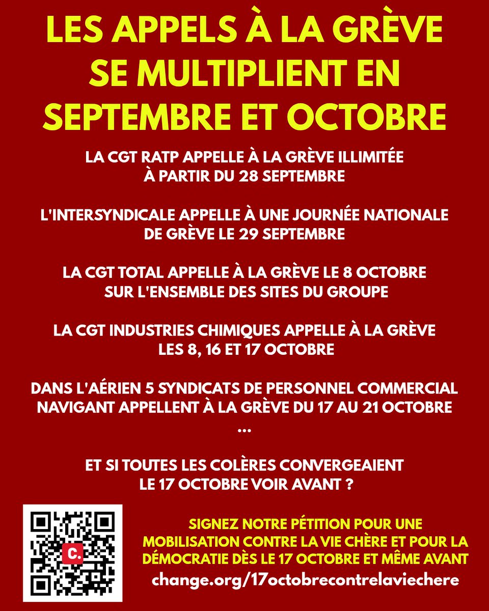 LES APPELS À LA GRÈVE SE MULTIPLIENT EN SEPTEMBRE ET OCTOBRE
➡️La CGT RATP appelle à la grève illimitée à partir du 28 septembre.
➡️L'intersyndicale appelle à une journée nationale de grève le 29 septembre.
➡️La CGT Total appelle à la grève le 8 octobre sur l'ensemble des sites du groupe.
➡️La CGT Industries Chimiques appelle à la grève les 8, 16 et 17 octobre.
➡️Dans l'aérien 5 syndicats de personnel commercial navigant appellent à la grève du 17 au 21 octobre.
...
Et si toutes les colères convergeaient le 17 octobre voir avant ?
Signez notre pétition pour une mobilisation contre la vie chère et pour la démocratie dès le 17 octobre et même avant : https://www.change.org/17octobrecontrelaviechere